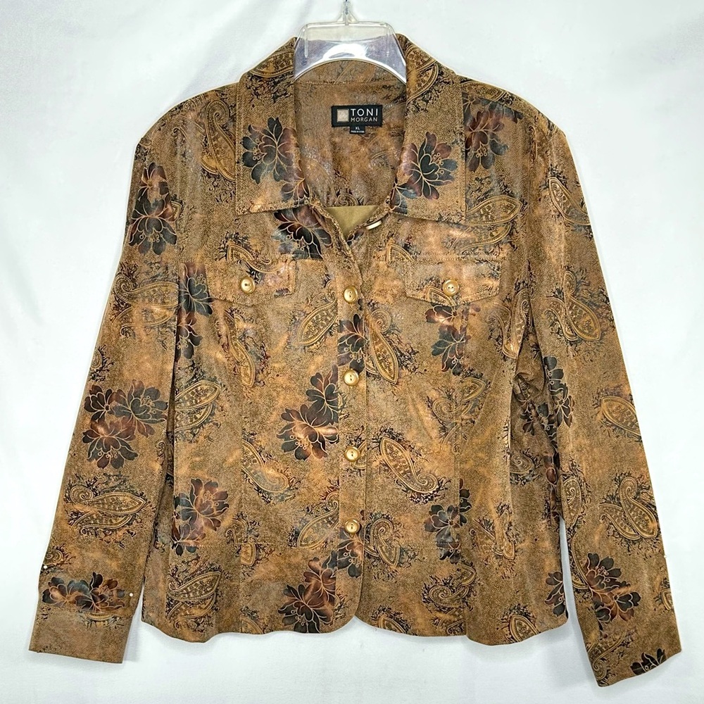 Toni Morgan Tan Brown Blazer‎ Floral Paisley Wstern Rodeo Boho Sz XL